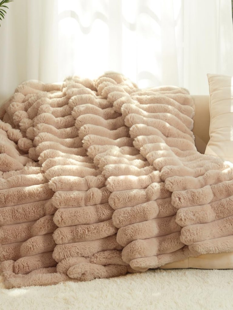 The Nantucket Blanket - Luxecomfort Faux Fur Striped Blanket 60"X70" Beachstone